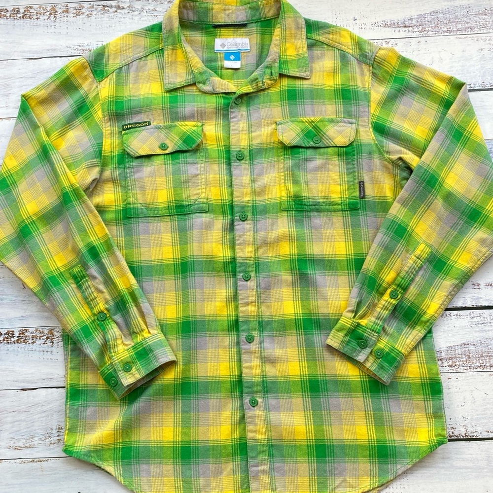 Columbia Oregon Ducks UO Plaid Flannel Shirt Green Yellow Gold Button Up Mens L